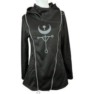 Black Occult Moon Graphic Asymmetric Zip Hoodie Longline Gothic Sweatshirt‎ NEW